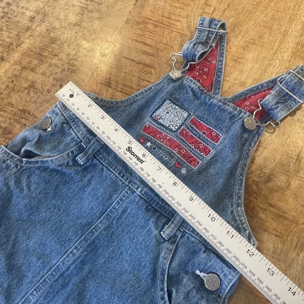 Vintage OshKosh Floral Denim Skirtall Jumper Girls 6 Flag Embroidery July 4th
